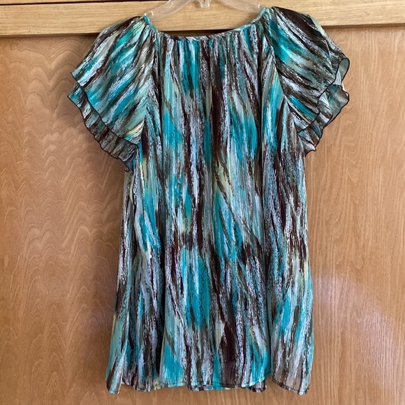 Dress Barn Blouse size 12 lined  teal brown flutter sleeve - Picture 4 of 10